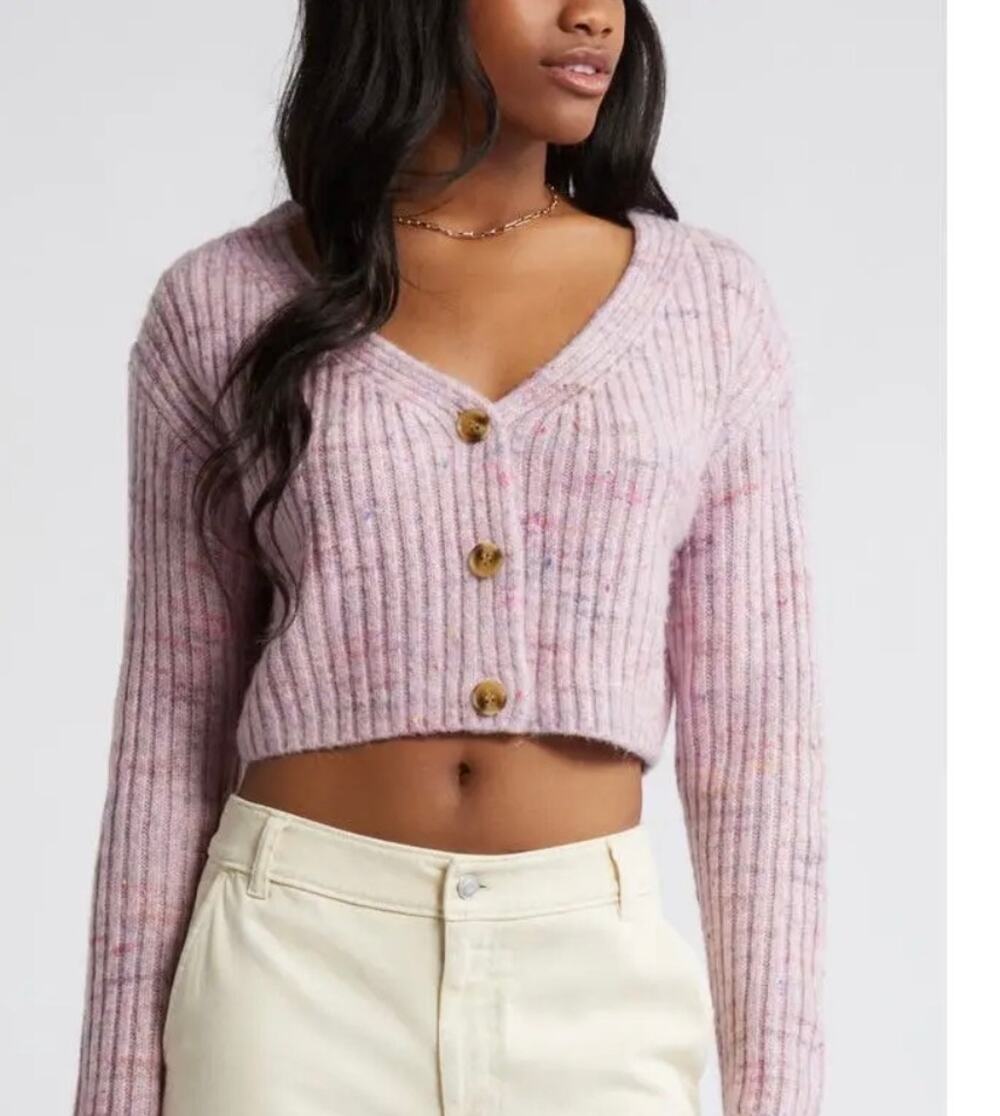 BP Space Dye V-Neck Crop Rib Cardigan in Pink Multi Spacedye in Size M. NWOT
